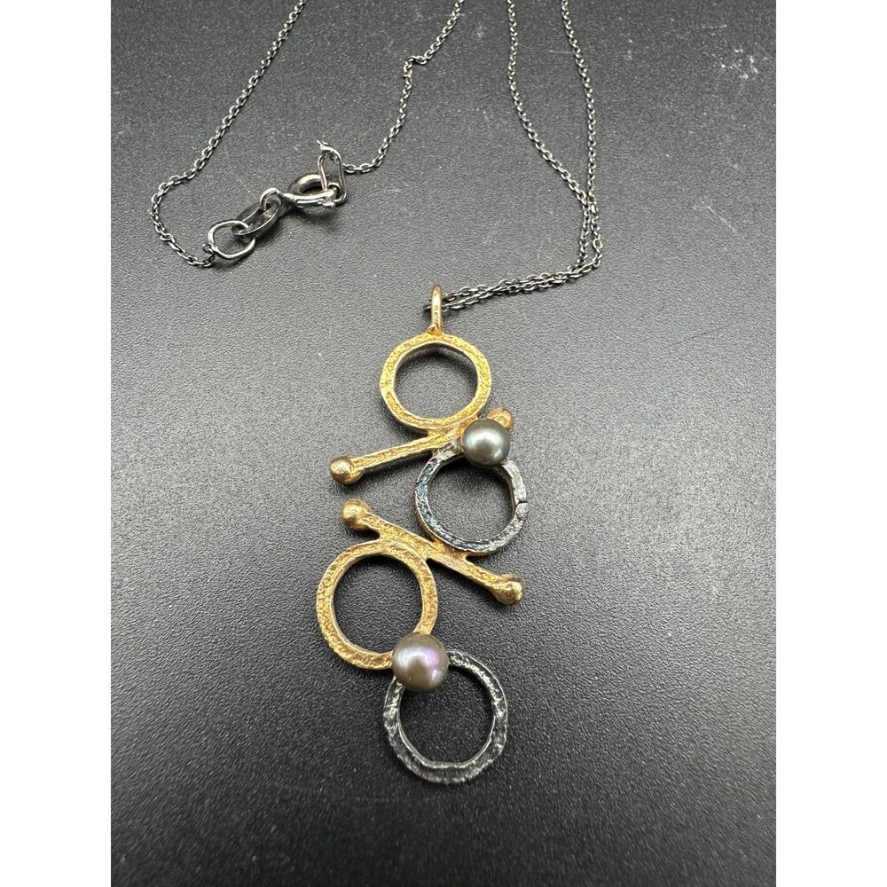 Unusual Sterling Metal and Black Pearl Necklace